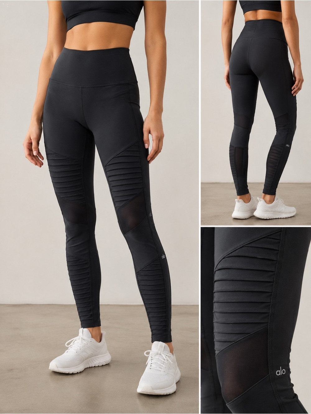 ALO Yoga Moto Leggings Dark Grey Size S High Rise Mesh Paneled Athletic Workout